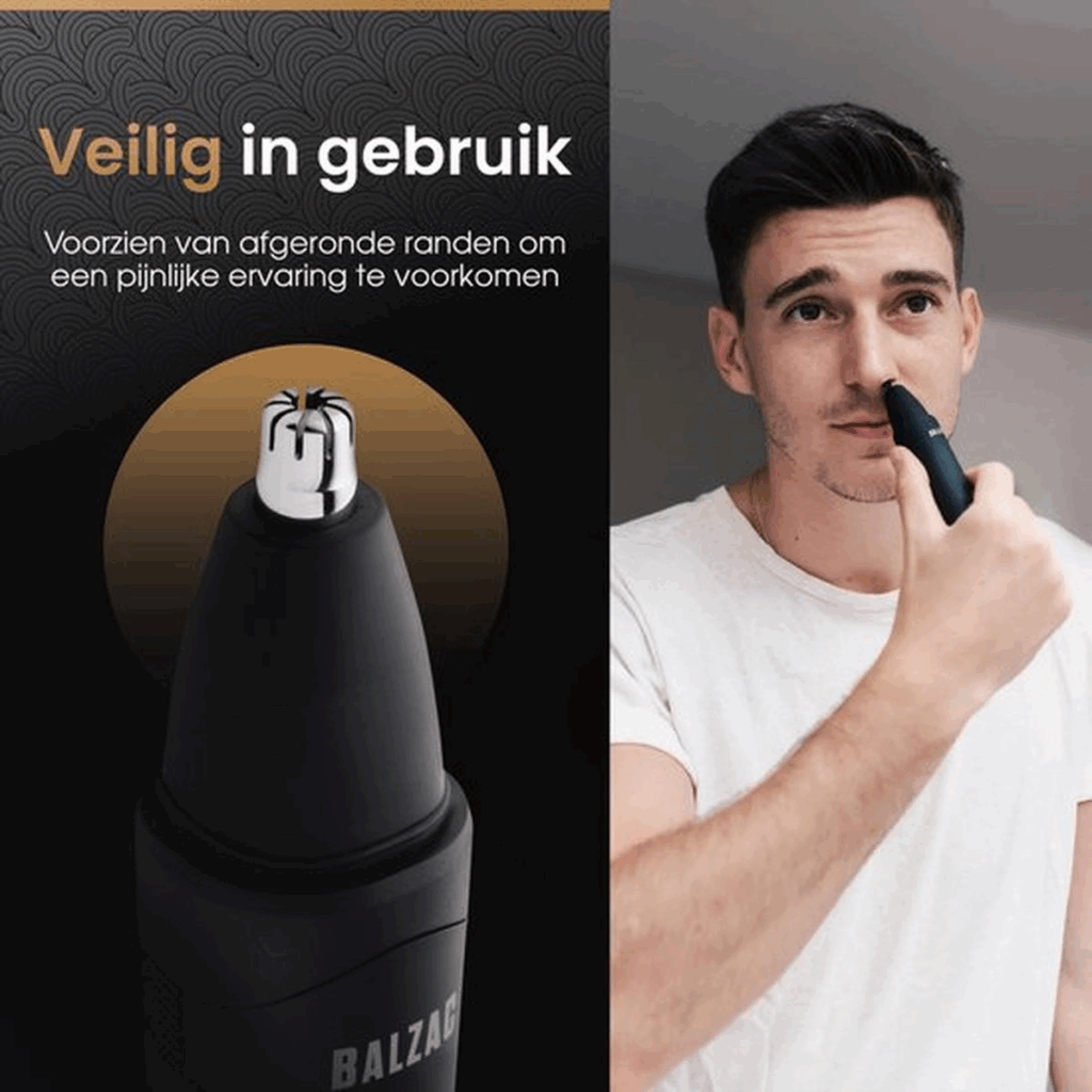 Afbeelding van een man die de BALZAC neustrimmer gebruikt. 